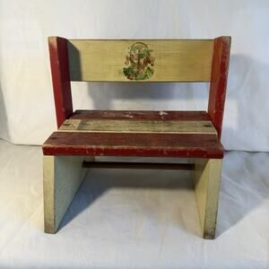 Vintage Wood Child's Folding Step Stool Chair Red Yellow Paint Strawberries